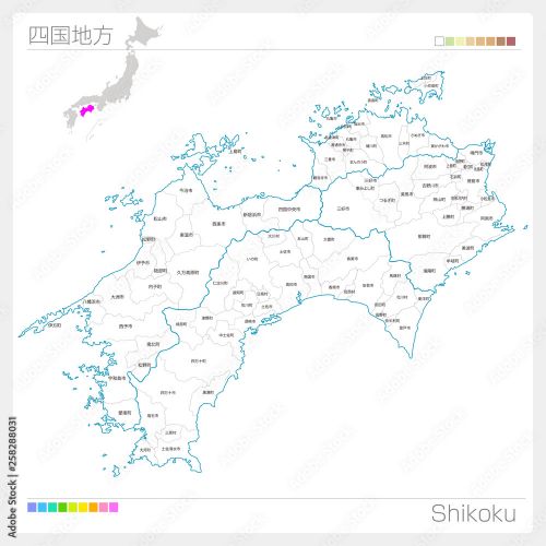 四国地方の地図 Shikoku 白地図風 Wandkleed