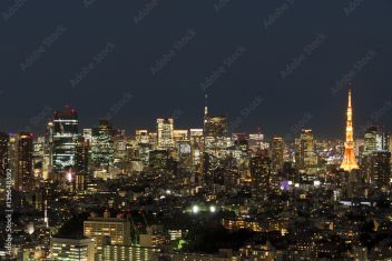 東京都市風景 夜景 東京タワーと六本木周辺 虎ノ門 東京スカイツリー Hout