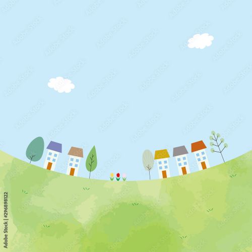 かわいい家と木と原っぱのイラスト Canvas Voor Buiten