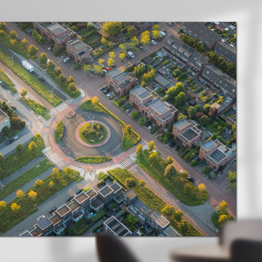 Luchtfoto van Zwolle door fotograaf Thomas Bartelds op aluminium wanddecoratie