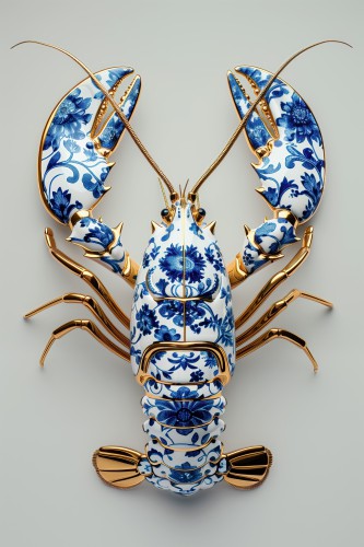 Delfts blauwe kreeft met goud op zacht salie © OTTI Originals