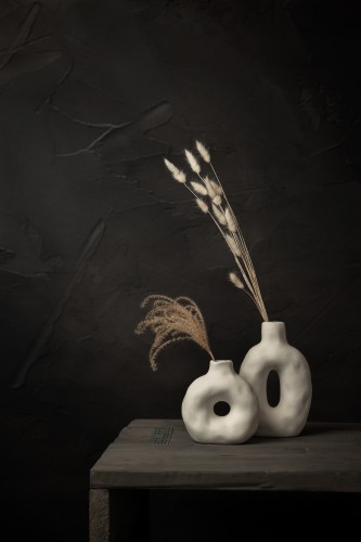 Donker stilleven met droogbloemen en witte kruiken © Mayra Fotografie