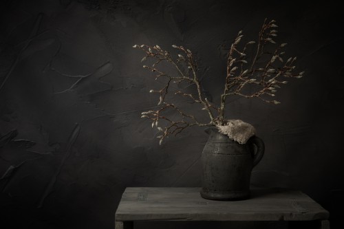 Donker stilleven met magnoliatakken in stenen kruik (horizontaal) © Mayra Fotografie