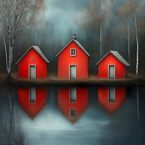 Drie rode huisjes aan het meer © Lauri Creates