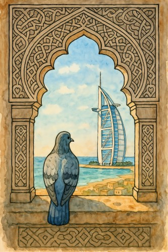 Duif bij islamitisch raam met Burj Al Arab uitzicht © Natalie Bruns
