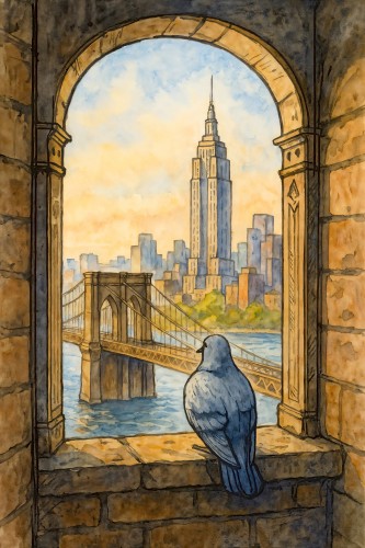 Duif bij romaans raam met uitzicht Empire State Building en Brooklyn Bridge © Natalie Bruns