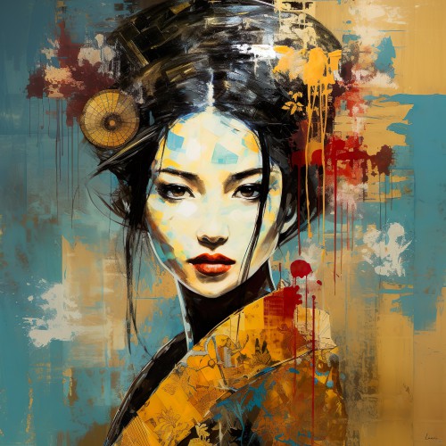 Geisha grace vintage elegance in steel blue and warm ocher © Lauri Creates