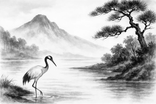 Japandi landschap met kraanvogel en bergen © Natalie Bruns