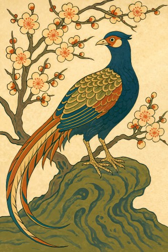 Japanse fazant bij pruimenboom met bloesem in ukiyo-e stijl © Natalie Bruns
