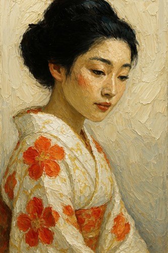 Japanse geisha in kimono met oranje bloemen © Natalie Bruns