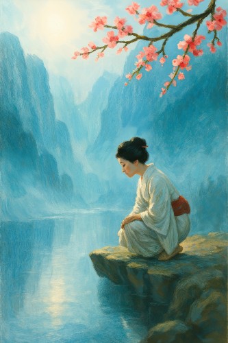 Japanse vrouw bij rivier met kersenbloesem © Natalie Bruns