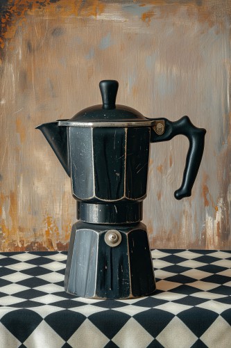 Koffie percolator zwart op geruit tafelkleed © OTTI Originals