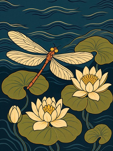 Libelle boven waterlelies in Japanse ukiyo-e stijl © Natalie Bruns