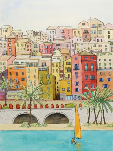 Mediterrane kuststad met zeilboot en palmbomen © Natalie Bruns