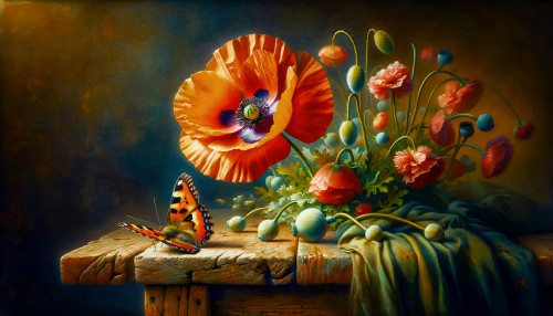 Poppies en Vlinder op de ateliertafel © Ellenilli