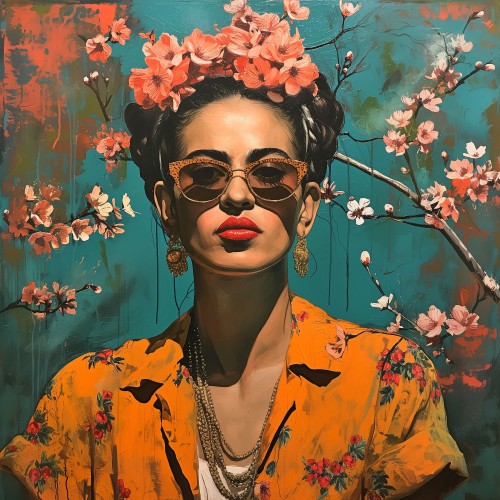Portrait in oker with pink cherryblossoms