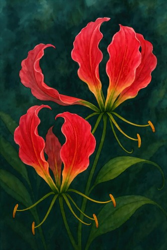 Rode gloriosa bloem op donkergroene achtergrond © Natalie Bruns