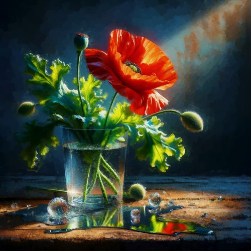 Rode Papaver in waterglas Ateliertafel stilleven © Ellenilli