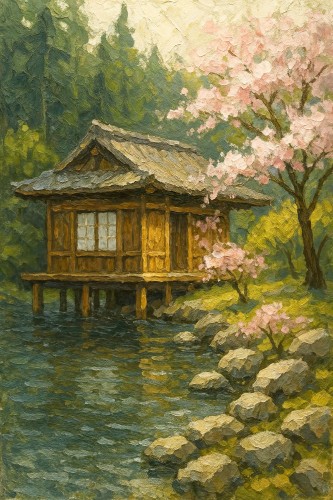 Rustig Japans theehuis bij vijver en kersenbloesem © Natalie Bruns