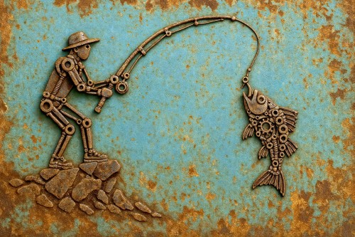 Schrootkunst van een visser met hengel in industriële stijl © Natalie Bruns