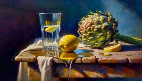 Stilleven Citroen en Artisjoke waterglas © Ellenilli