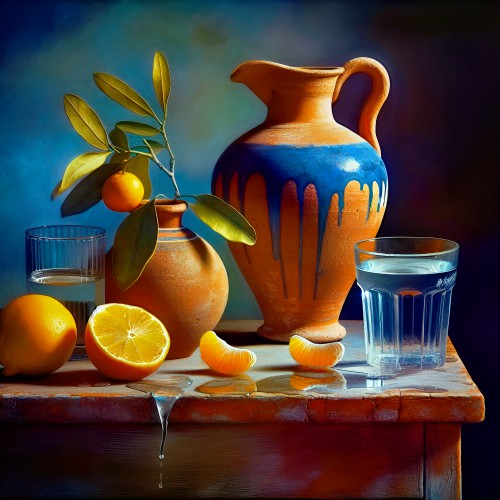 Terracotta blauwe Kan met clementines mandarijen © Ellenilli