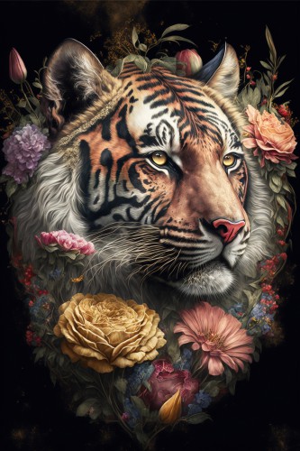 Tijger met vintage bloemen © Kim West