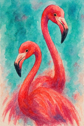 Twee roze flamingo’s tegen tropische turquoise achtergrond © Natalie Bruns