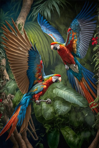 Vliegende papegaaien in de jungle © Kim West