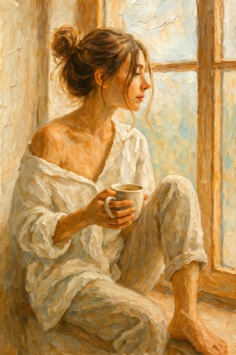 Vrouw met warme kop koffie bij het raam © Natalie Bruns