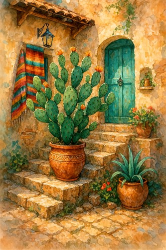 Zonnige Mexicaanse patio met cactus en turquoise deur © Natalie Bruns