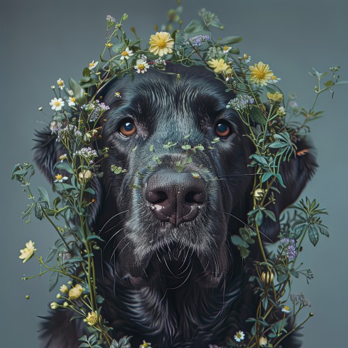Zwarte Labrador met bloemen © Marlon Paul Bruin