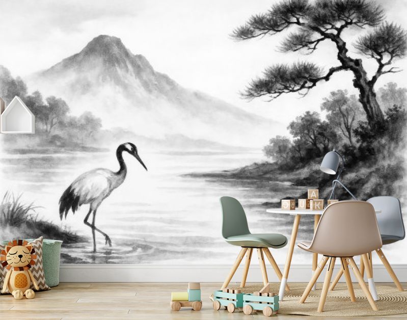 Japandi landschap met kraanvogel en bergen