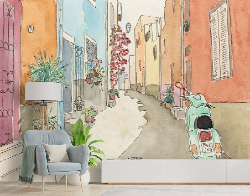 Groene scooter in smalle mediterrane straat