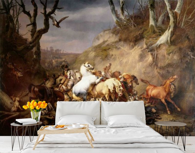 Hongerige wolven overvallen een groep ruiters, Eugène Verboeckhoven, 1836