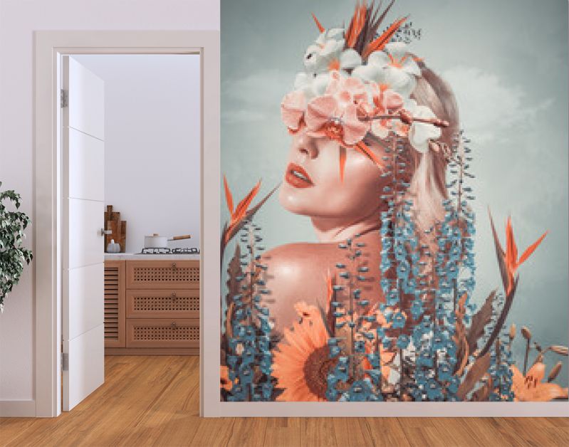 Abstracte kunstcollage van jonge vrouw met bloemen