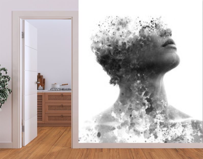 Paintografie. Dubbelbelicht portret van een aantrekkelijk model gecombineerd met handgetekende inktschildering met diepte en textuur