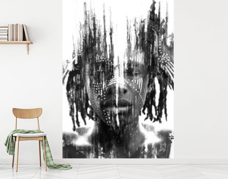 Paintografie. Expressieve Afrikaanse man gecombineerd met dramatische dubbele belichtingstechnieken en met de hand getekende schilderijen