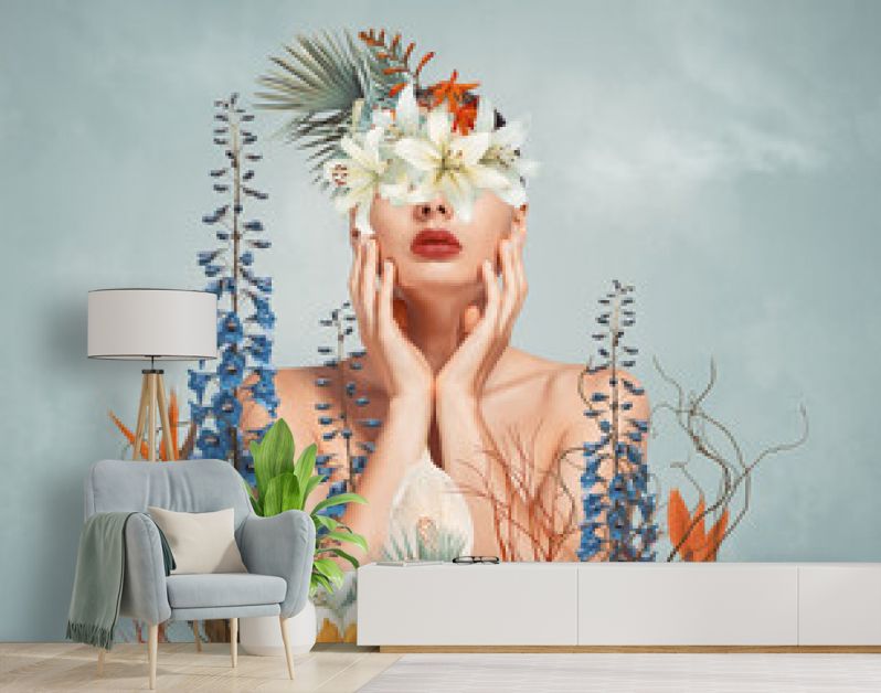 Abstracte kunstcollage van jonge vrouw met bloemen