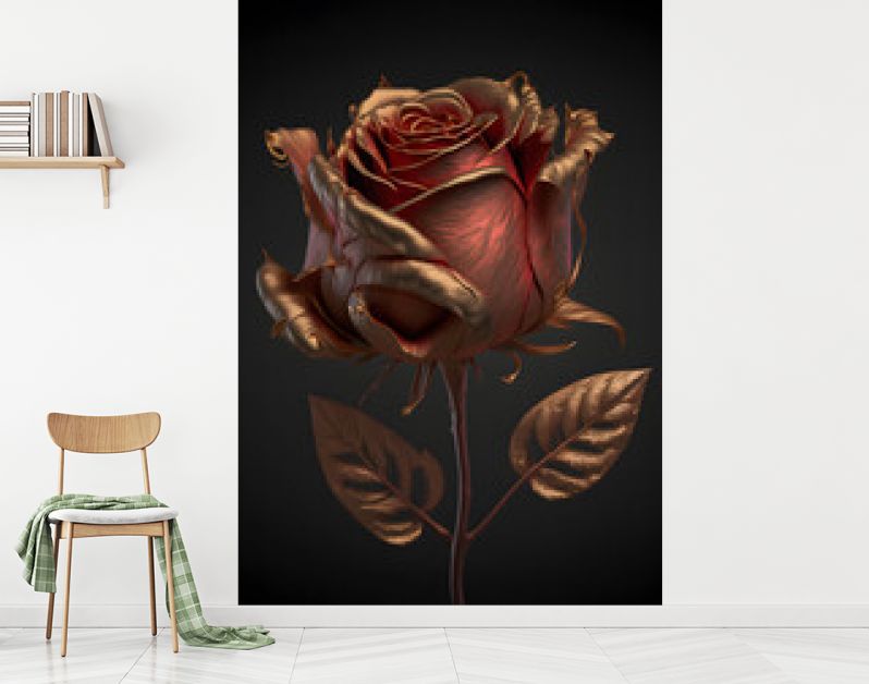 mooie gouden majestueuze robijnrode terracotta roos, donkere achtergrond, illustratie digitale generatieve ai ontwerp kunststijl