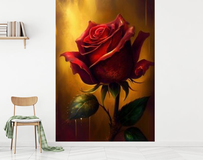 Majestueuze robijnrode rode roos gouden magische magestische achtergrond. Liefde. Concept kunstlandschap. Boek illustratie. Scène met videogames. Serieus digitaal schilderen. CG Kunstwerk Achtergrond. Generatieve AI