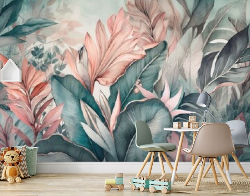 Zacht gekleurd tropisch bladbehang, bananenplanten, muurschilderingen, interieur. Generatieve AI