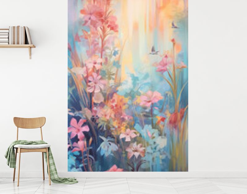 Een schilderij van weelderige planten, bloemen en bloemen in roze. AI generatief