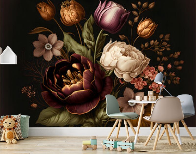 vintage mooie retro bloem, roos en tulp, donkere achtergrond, illustratie digitale generatieve ai ontwerp kunststijl