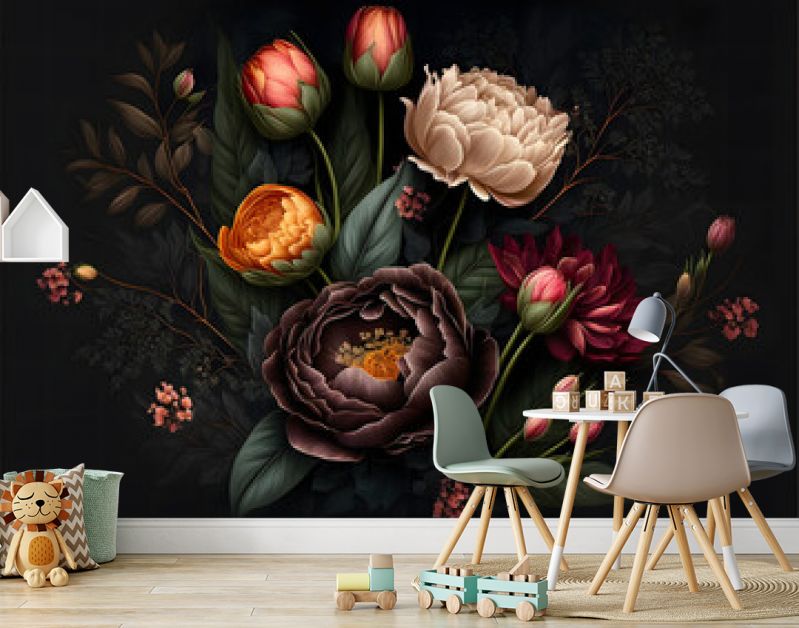 vintage mooie retro bloem, roos en tulp, donkere achtergrond, illustratie digitale generatieve ai ontwerp kunststijl