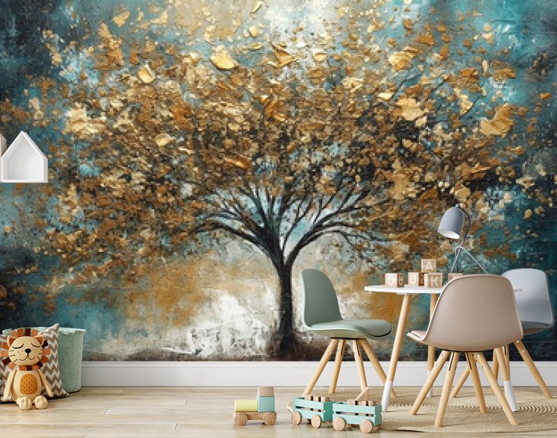 goud en blauw abstracte winterboom kunst aan de muur