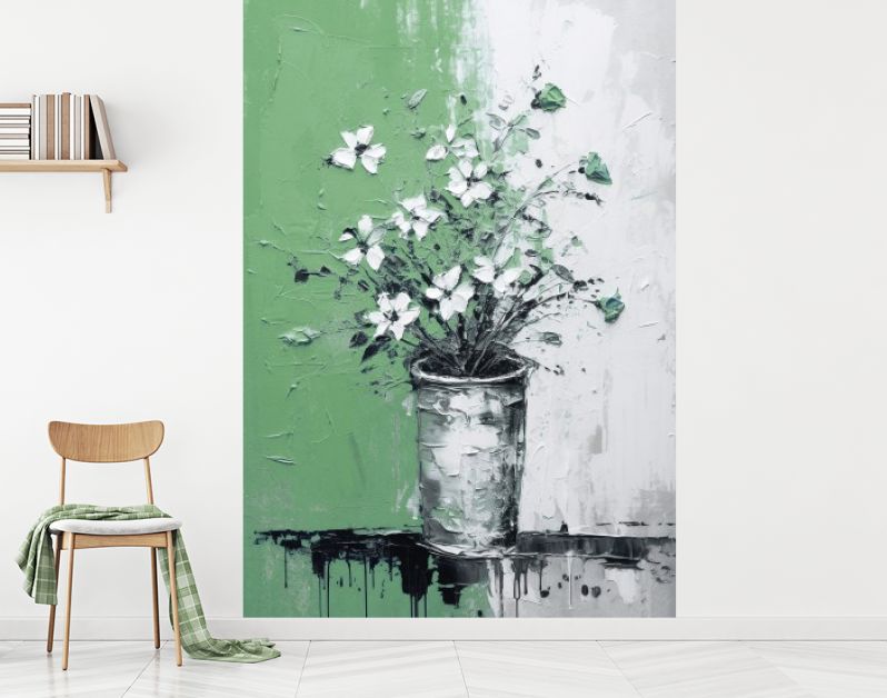 Bloemenpracht in Groene Vaas Iconische Impasto in Zwart-Wit