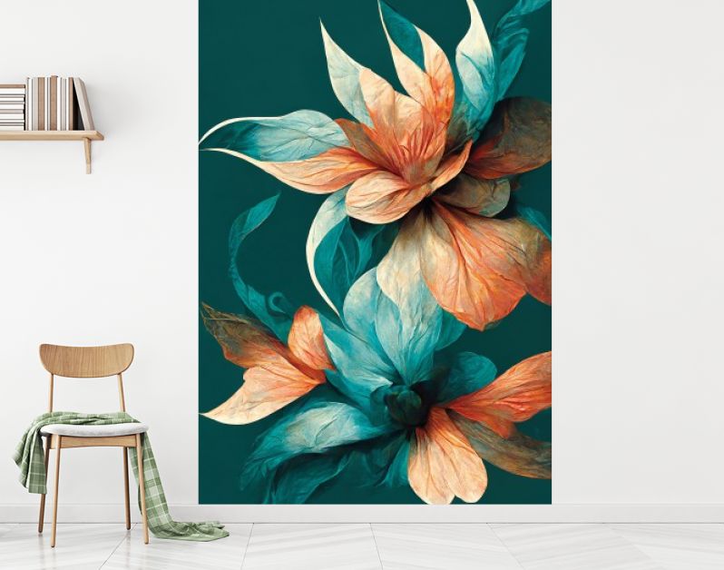 Creatief abstract bloemmotief Aqua Zalm kleuren