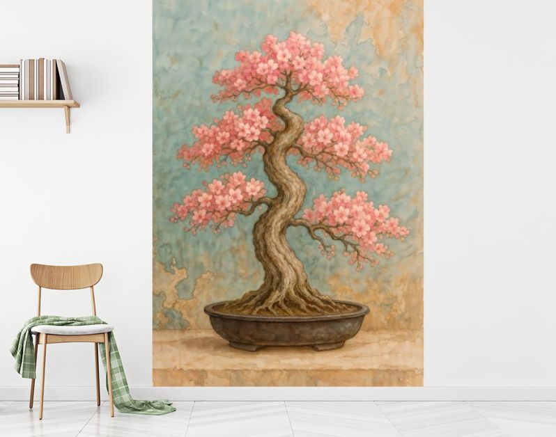 Japandi bonsai met bloeiende kersenbloesem