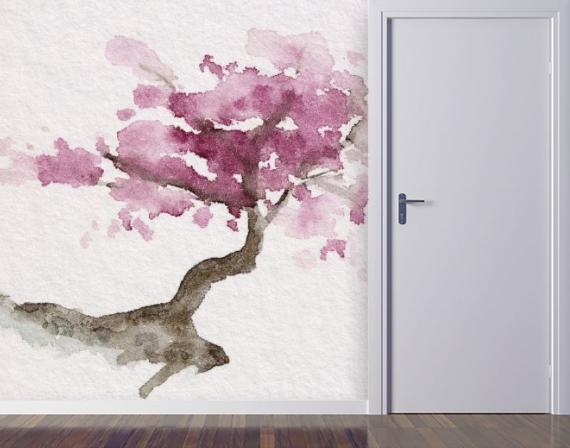 Sakura boom in bloei op berglandschap